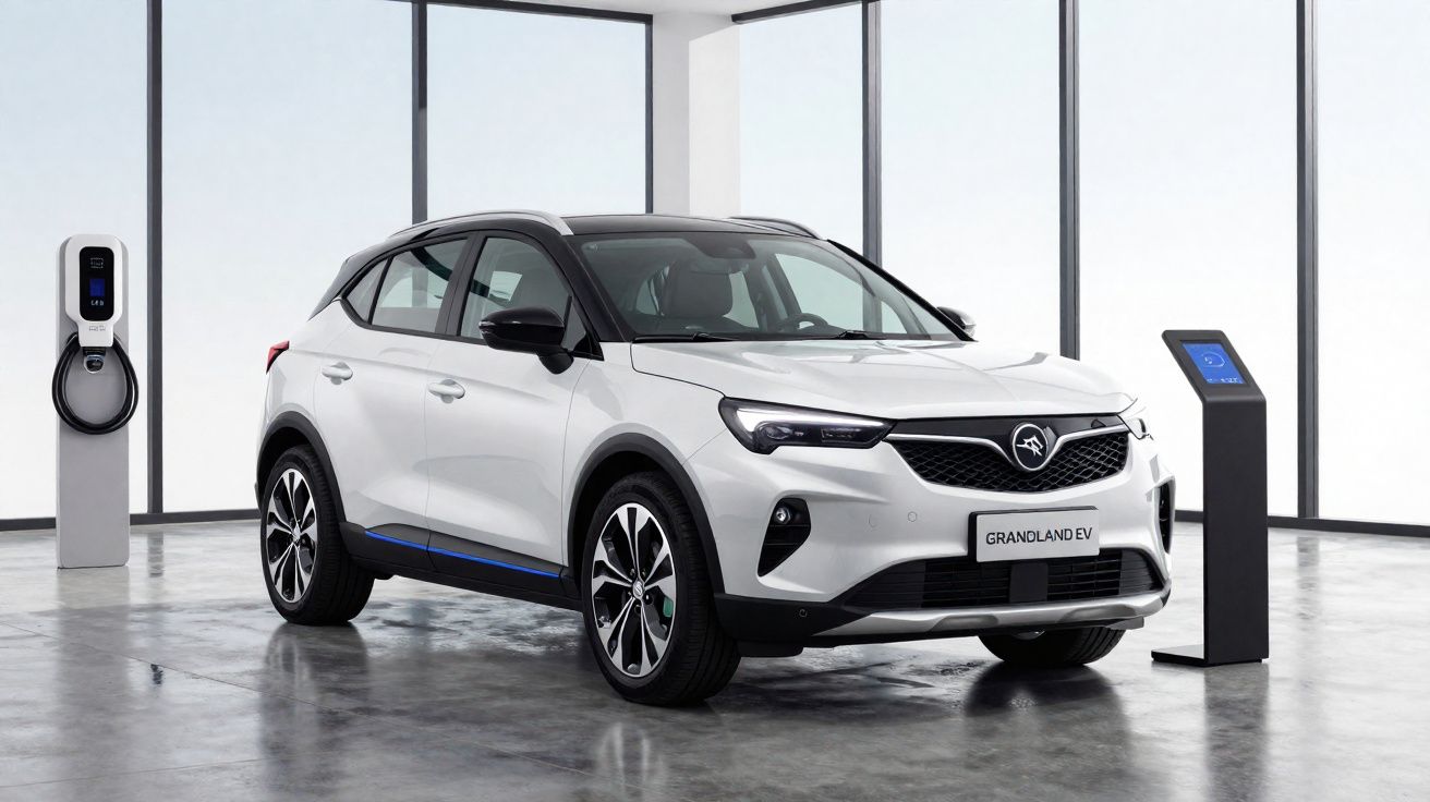 Voiture électrique blanche Grandland EV en présentation dans un showroom lumineux avec borne de recharge.