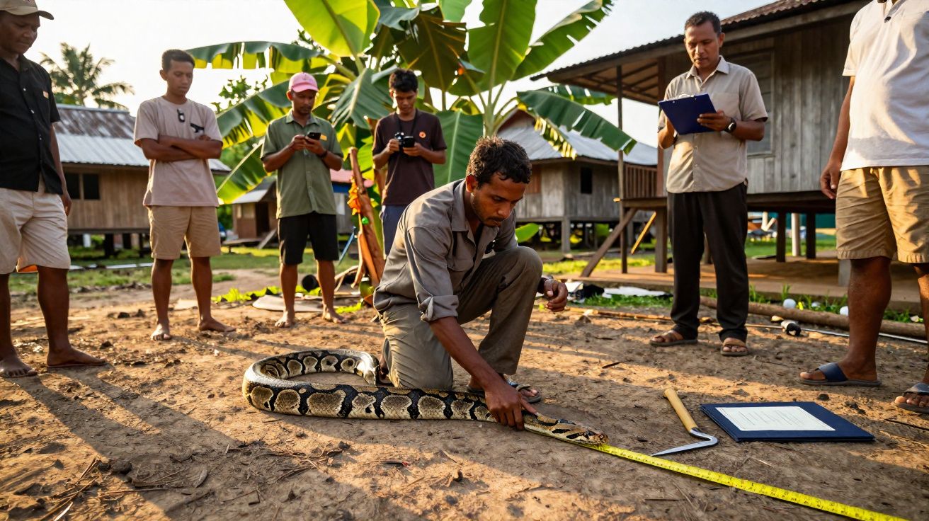 Un homme mesure un grand python au sol entouré d’autres hommes observant et prenant des notes.