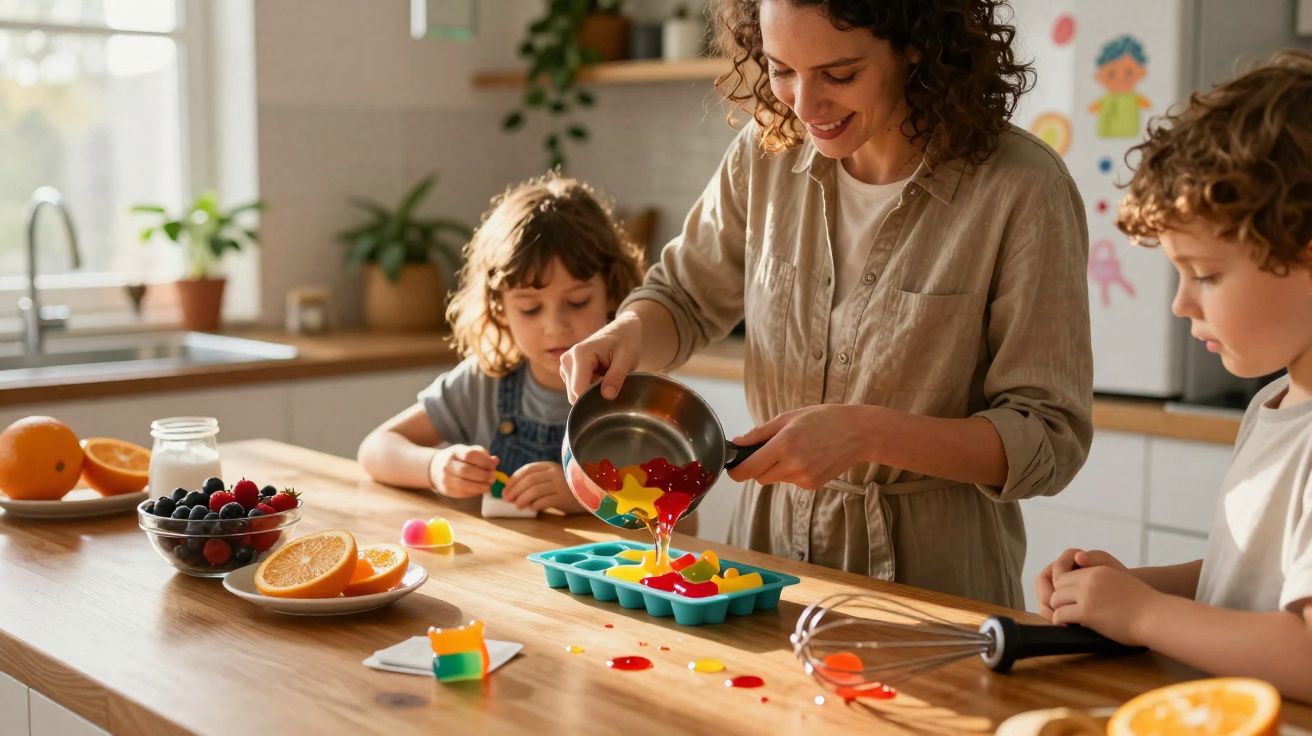 Une mère prépare des glaçons colorés avec ses deux enfants dans une cuisine lumineuse.