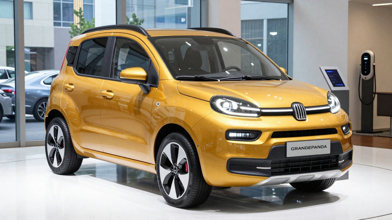 Petite voiture compacte jaune métallisée exposée dans un showroom moderne avec chargeur électrique mural.