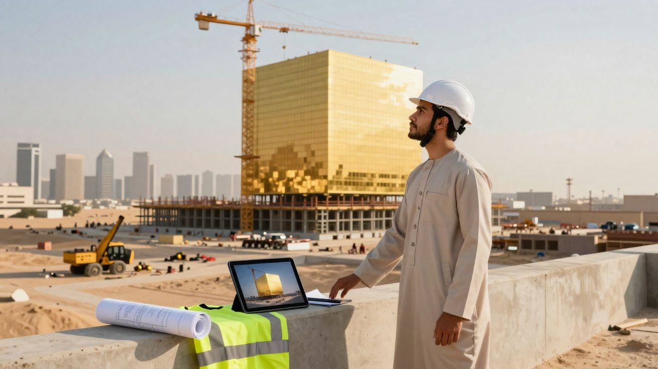 Homme en tenue traditionnelle et casque blanc observant un chantier avec un bâtiment doré en construction.