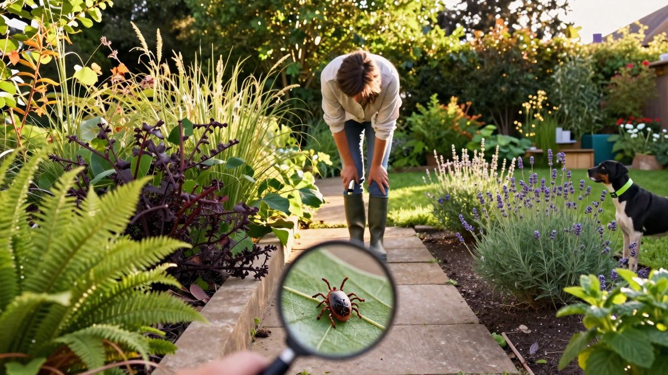 Personne penchée au jardin, vue d’un acarien sur une feuille à la loupe au premier plan.