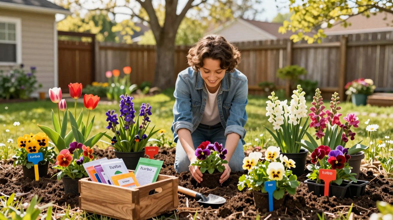 Jeune femme jardinant et plantant des fleurs colorées dans un jardin ensoleillé.