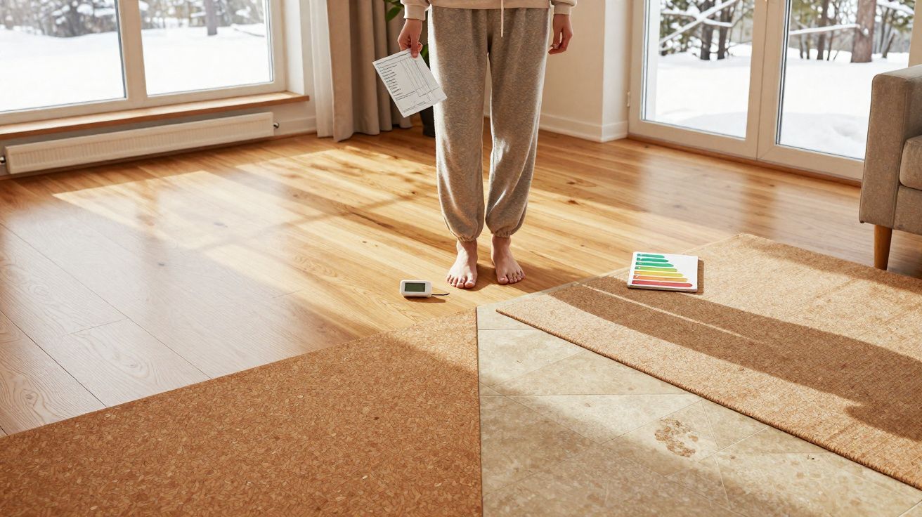 Personne debout pieds nus dans un salon lumineux avec parquet en bois et tapis, tenant des documents.
