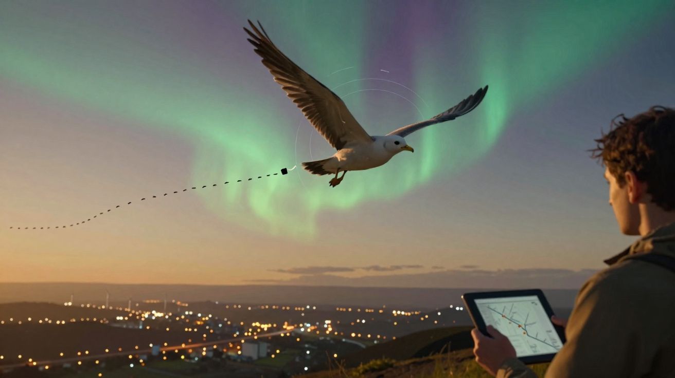 Homme observant un oiseau en vol avec un effet de suivi numérique, ciel au crépuscule et aurores boréales en arrière-plan.