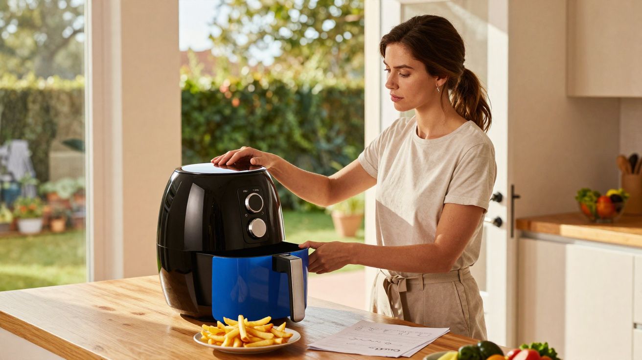 Femme utilisant une friteuse sans huile noire dans une cuisine lumineuse avec des frites sur la table en bois.