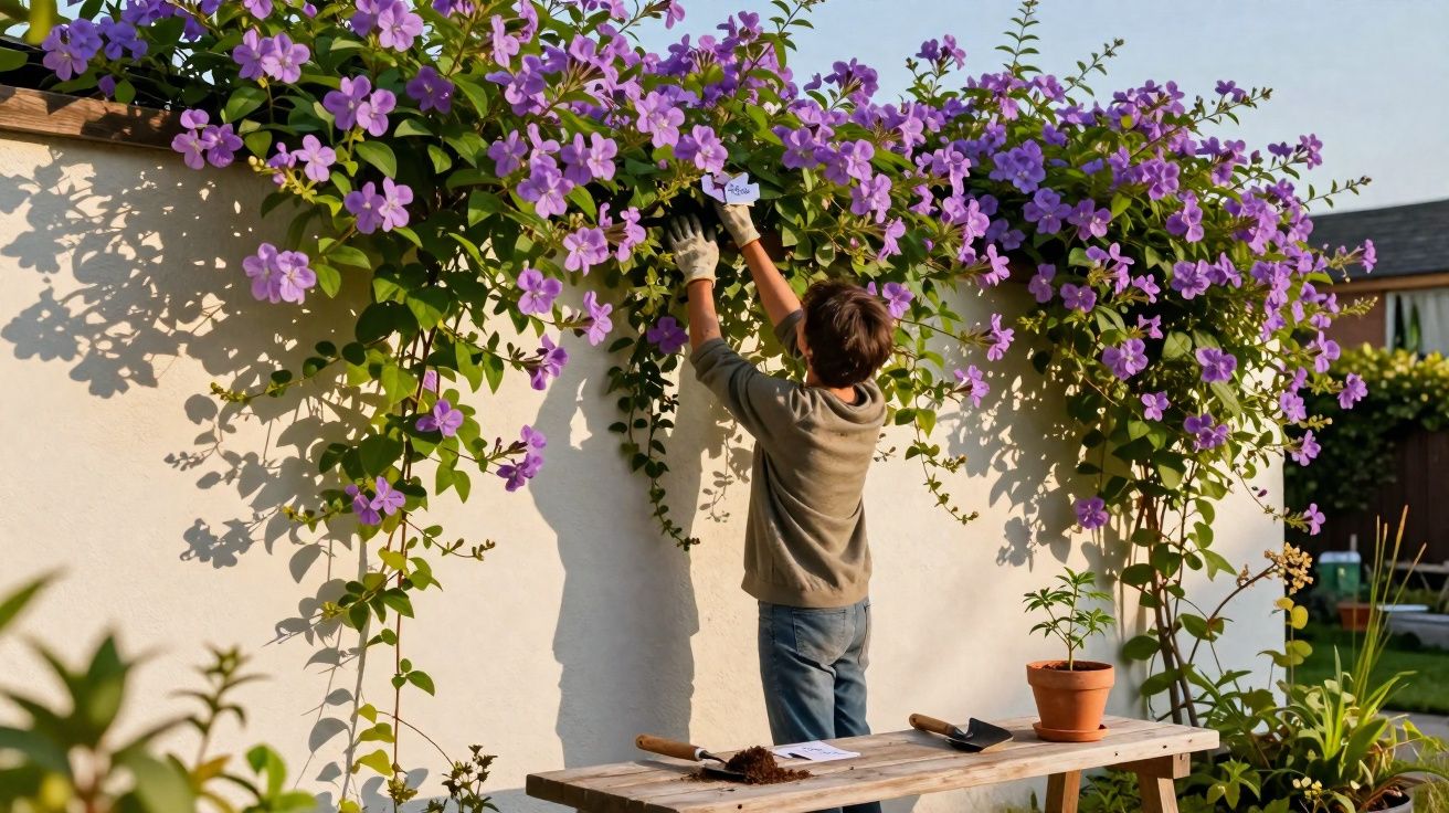Enfant taillant une plante grimpante à fleurs violettes sur un mur blanc en jardin ensoleillé.