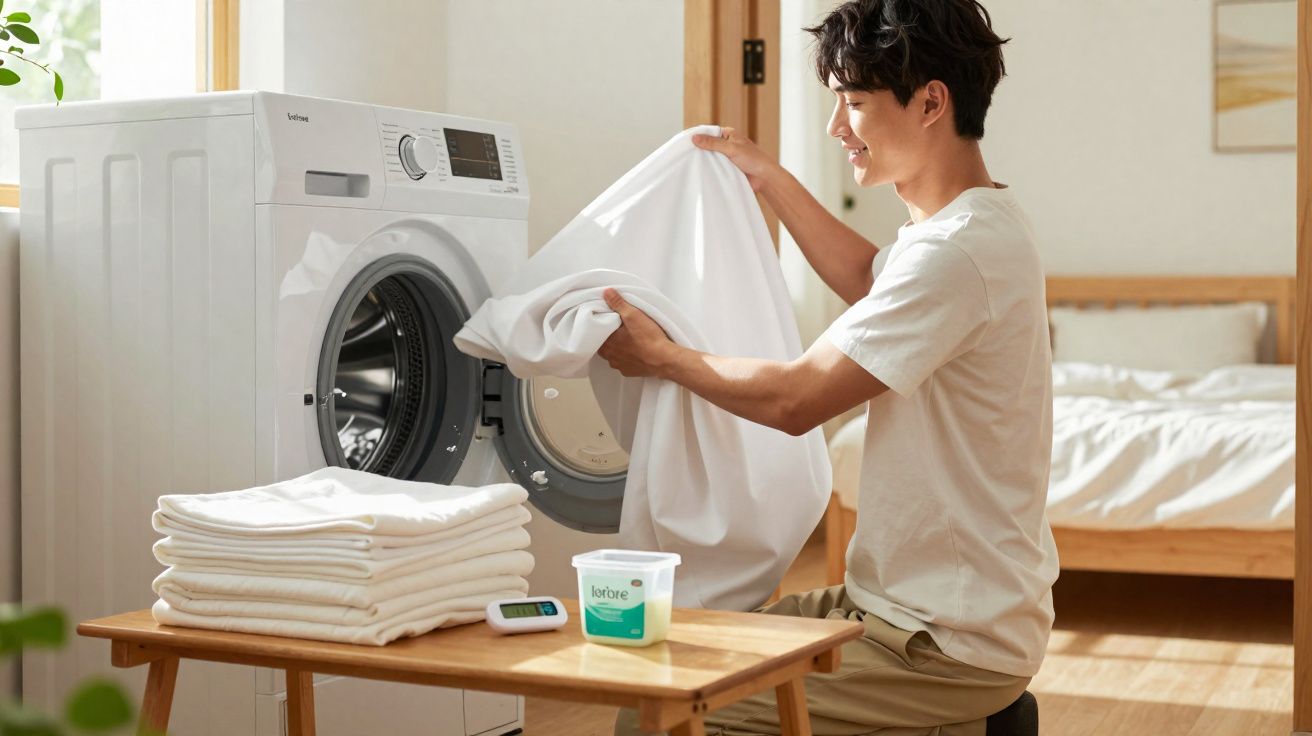 Jeune homme pliant du linge blanc propre près d'un lave-linge dans une chambre lumineuse et ordonnée.