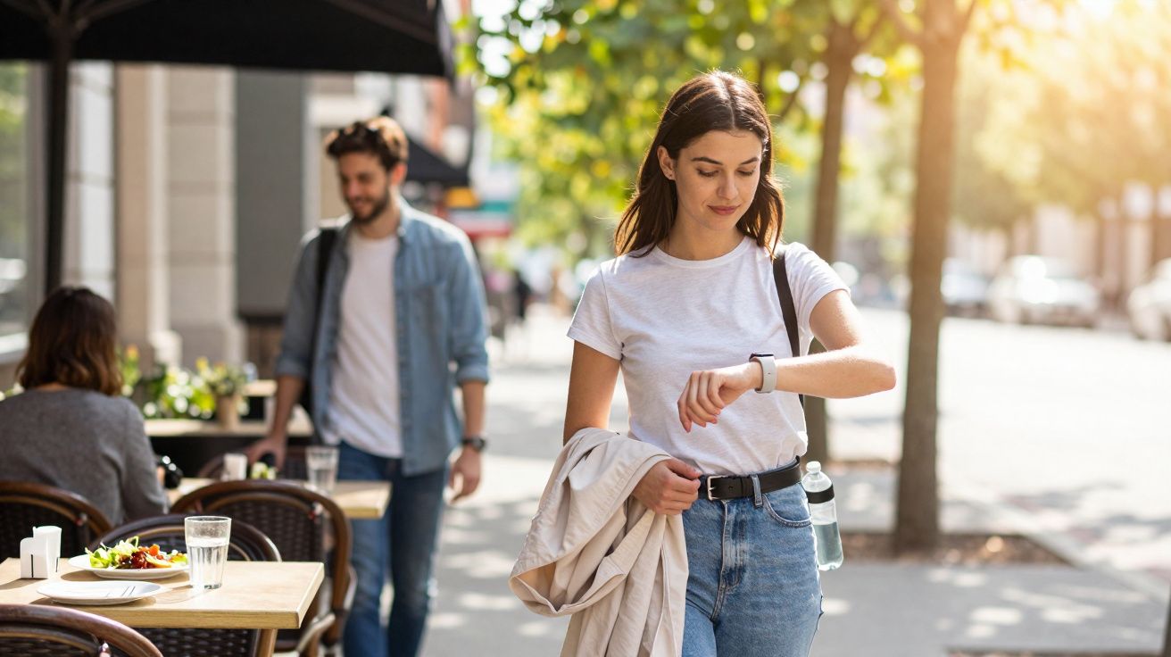 Jeune femme marchant en ville, regardant sa montre, avec une veste à la main et un homme en arrière-plan.