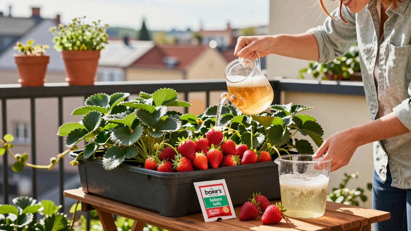 Personne arrosant des fraisiers en pot sur un balcon ensoleillé avec des fraises mûres rouges.