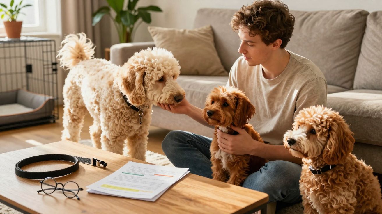Jeune homme assis au sol caressant trois chiens de taille moyenne dans un salon lumineux et cosy.