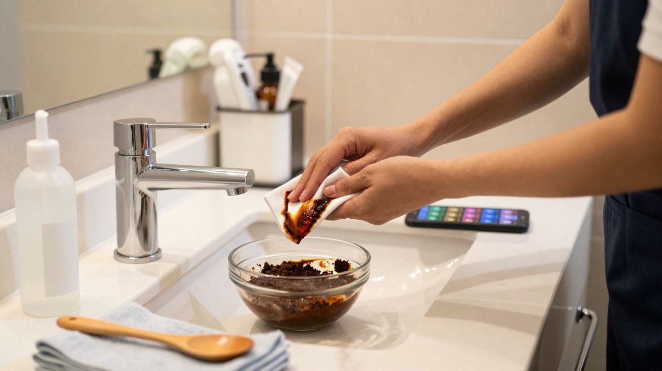 Personne utilisant un gant pour appliquer un mélange exfoliant sur les mains au-dessus d'un lavabo moderne.