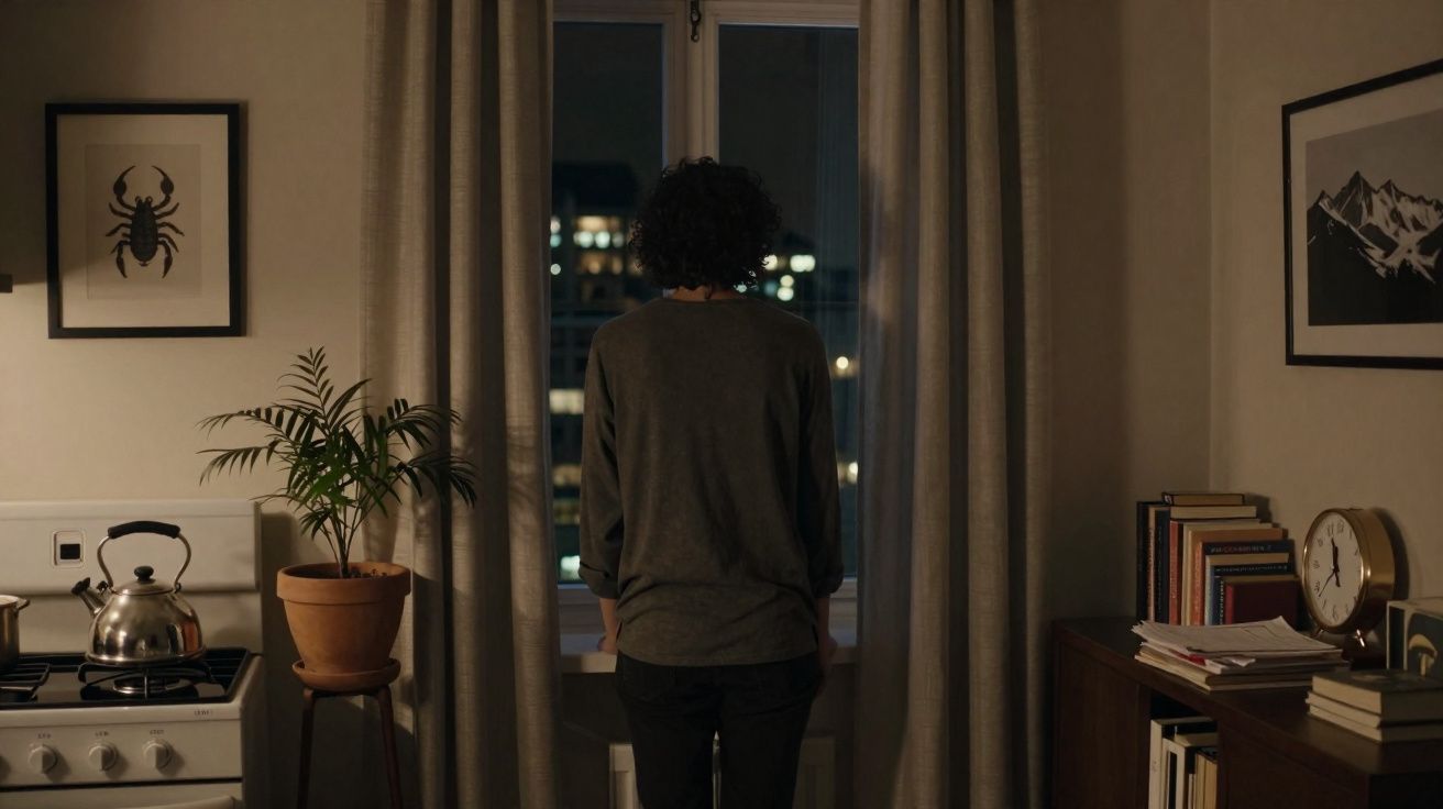 Personne vue de dos regardant par une fenêtre la nuit dans une cuisine chaleureuse et décorée.