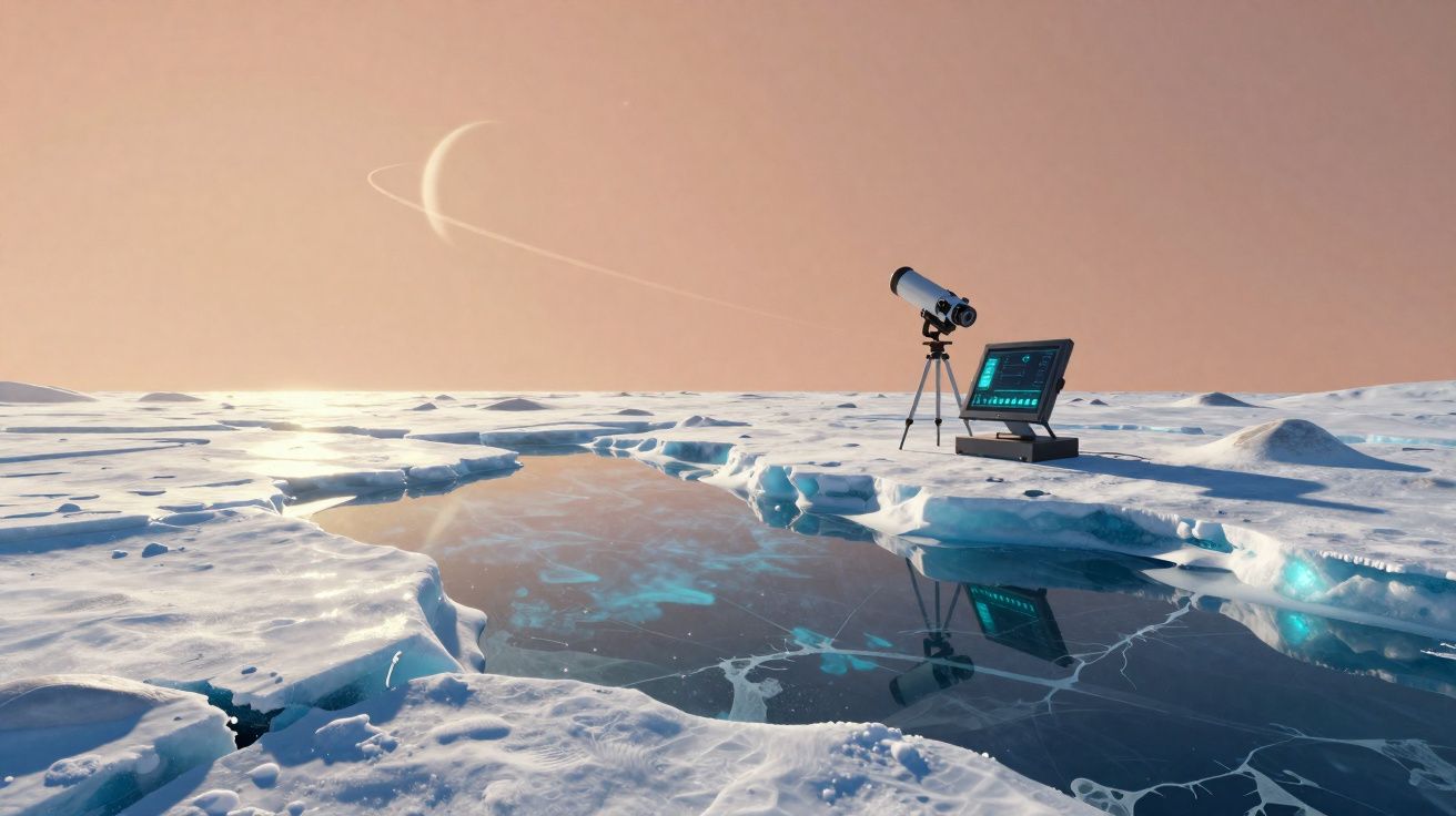 Paysage glacé avec un télescope et un ordinateur portable près d'une étendue d'eau gelée sous un ciel orangé.