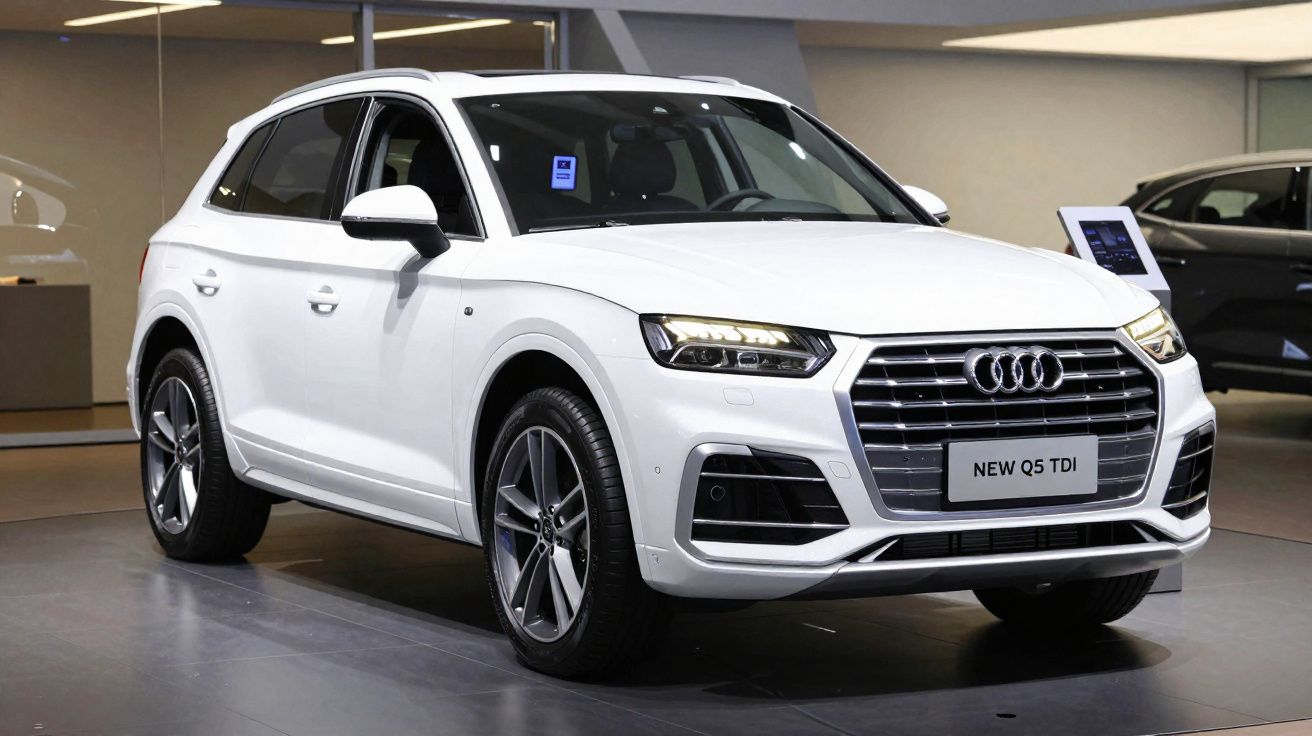 SUV Audi Q5 TDI blanc exposé en intérieur, vu de l'avant en angle trois-quarts.