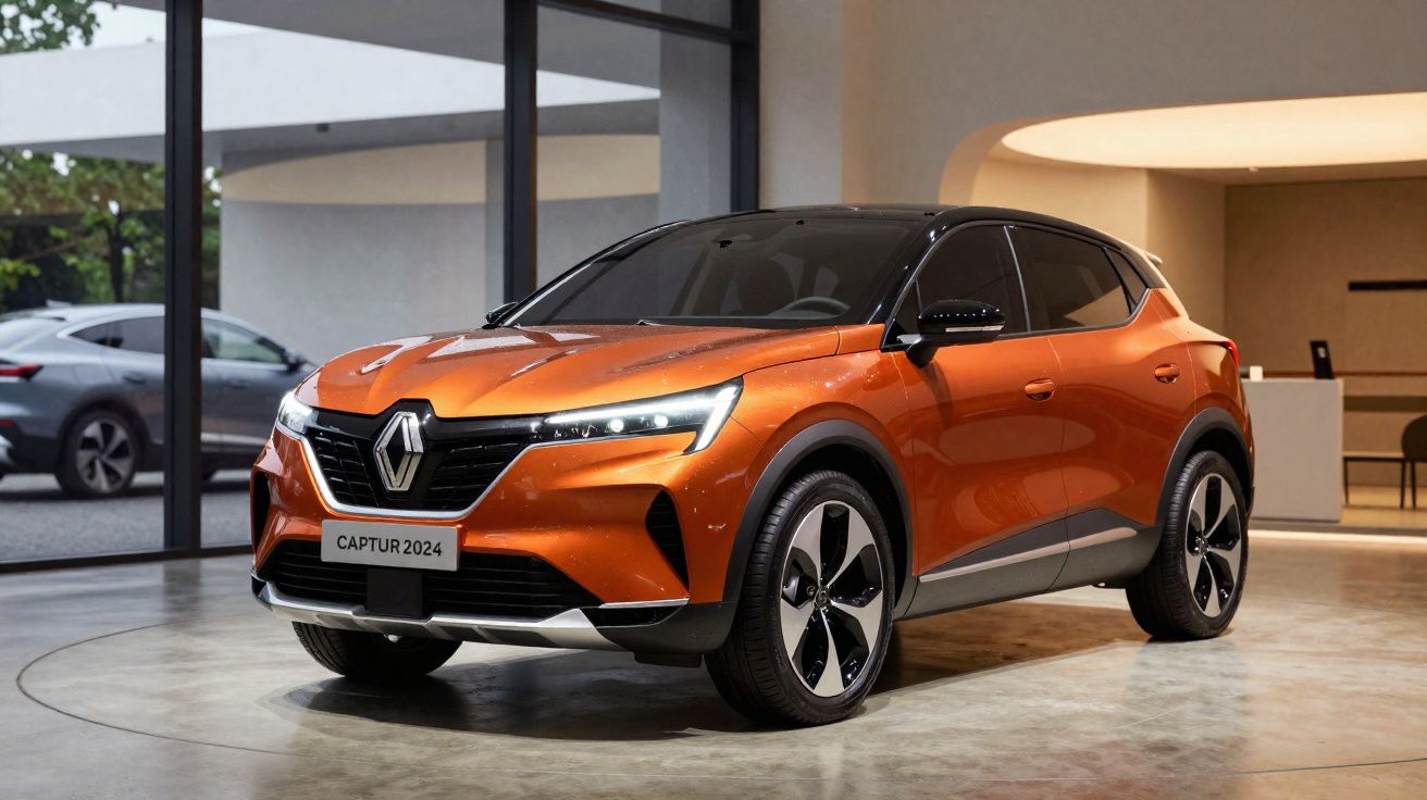 Renault Captur 2024 orange métallisé exposée en intérieur, design moderne et phares LED allumés.