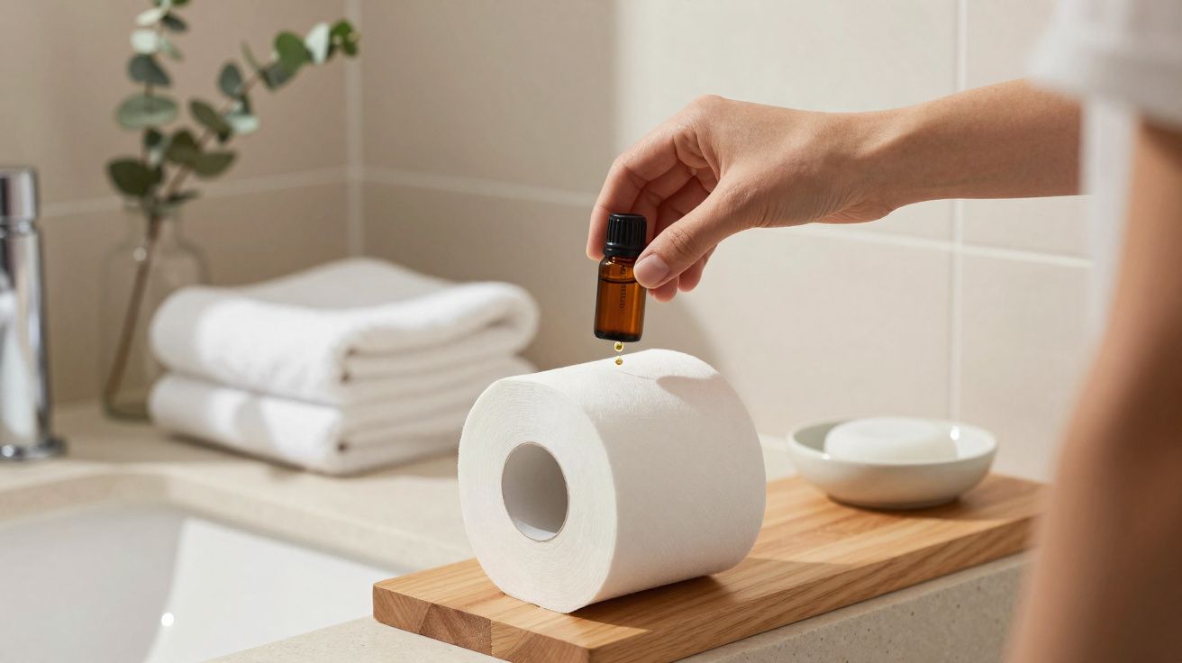 Main versant une huile essentielle sur un rouleau de papier toilette posé dans une salle de bain.