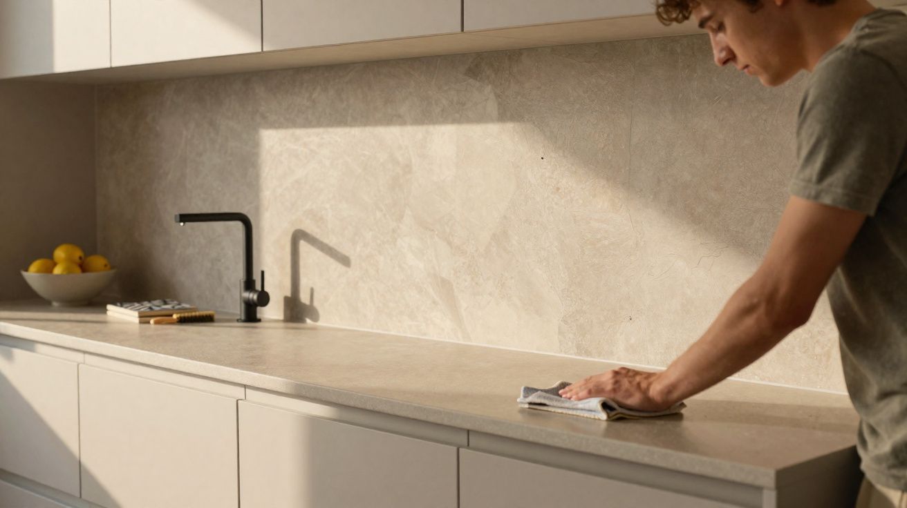 Jeune homme nettoyant un plan de travail de cuisine moderne en lumière naturelle douce.