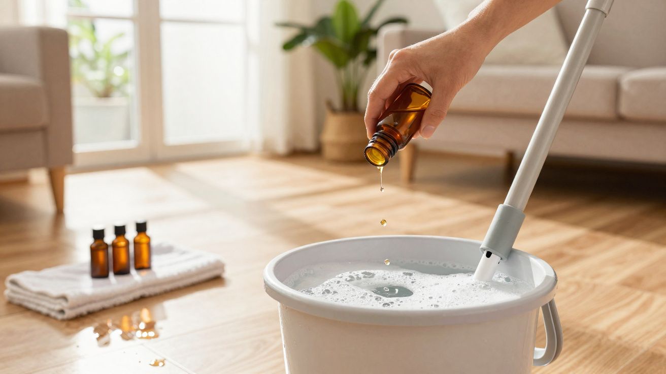 Main versant des gouttes d'huile essentielle dans un seau d'eau savonneuse pour le nettoyage du sol.