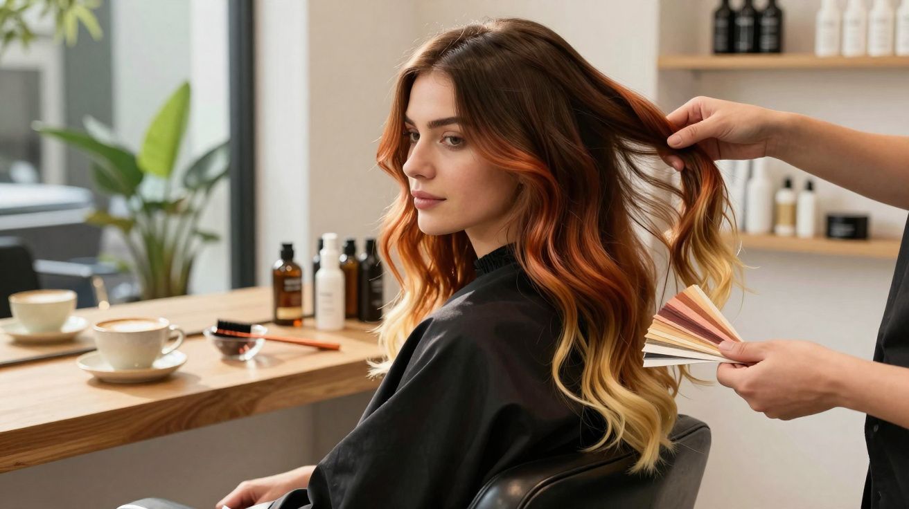 Femme aux cheveux longs roux et blonds dégradés assise chez le coiffeur, main tenant un nuancier de couleurs.