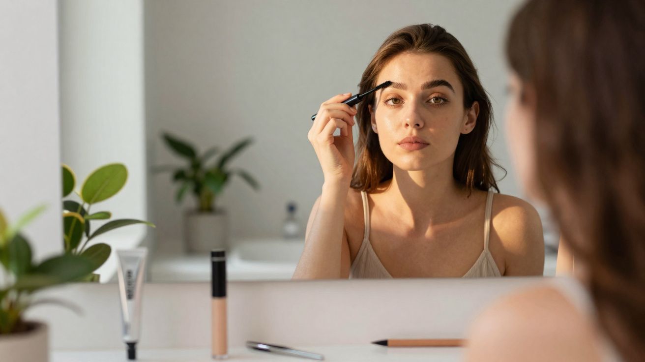 Jeune femme appliquant du maquillage aux sourcils devant un miroir dans une salle lumineuse.