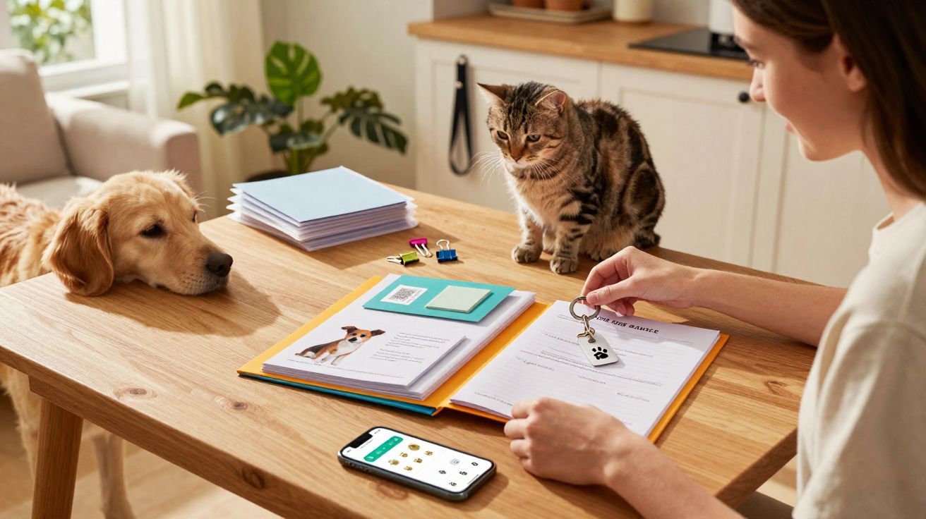 Une femme tient une clé avec un porte-clé patte, un chat est sur la table et un chien regarde par-dessus.