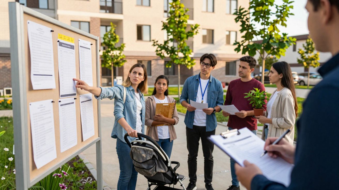 Un groupe de personnes consulte un panneau d’affichage en extérieur devant des immeubles modernes.