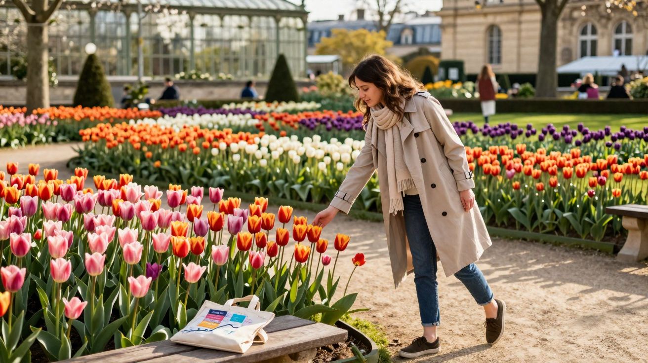 Jeune femme en trench beige touche des tulipes colorées dans un jardin fleuri au printemps.