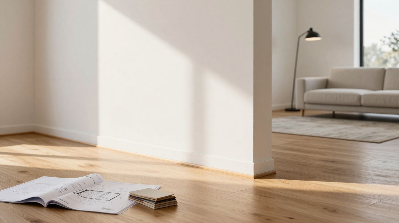 Plans et échantillons de bois posés sur un sol en parquet clair dans un salon lumineux et moderne.