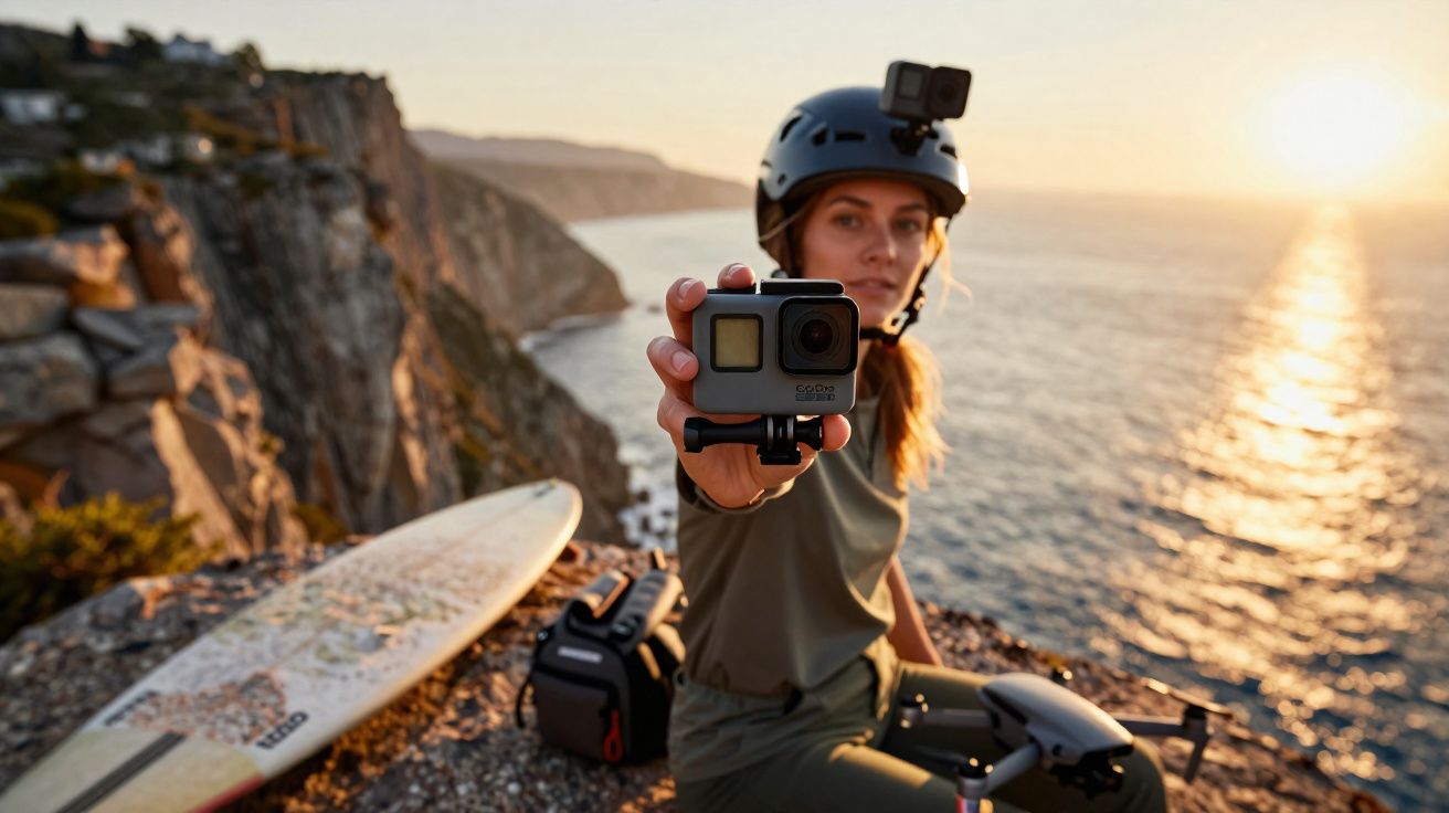 Femme avec casque filmant au coucher du soleil sur une falaise face à l’océan, planche de surf et drone à proximité.