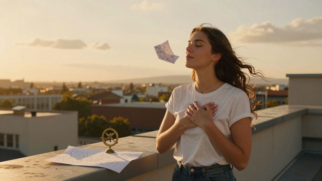 Femme sur un toit au coucher du soleil, mains sur le cœur, feuilles flottant dans l'air, yeux fermés.