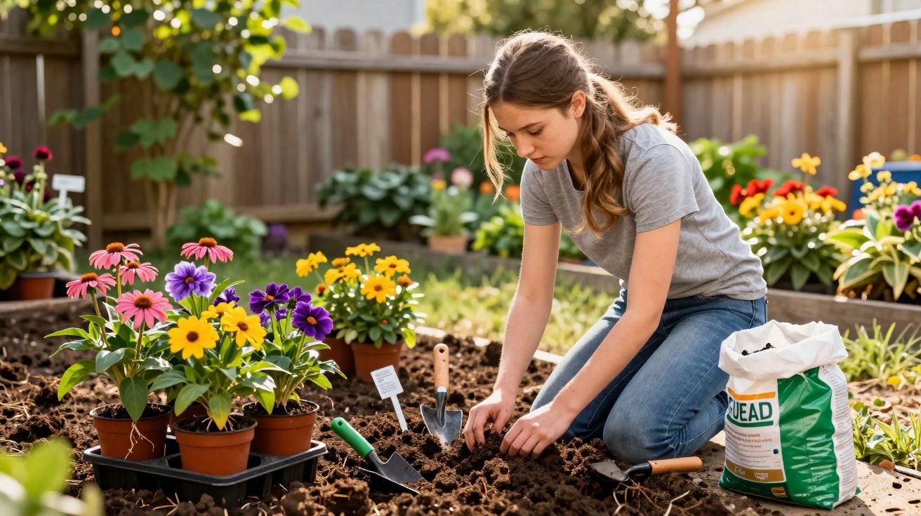 Jeune fille plantant des fleurs colorées dans un jardin ensoleillé avec des outils de jardinage.