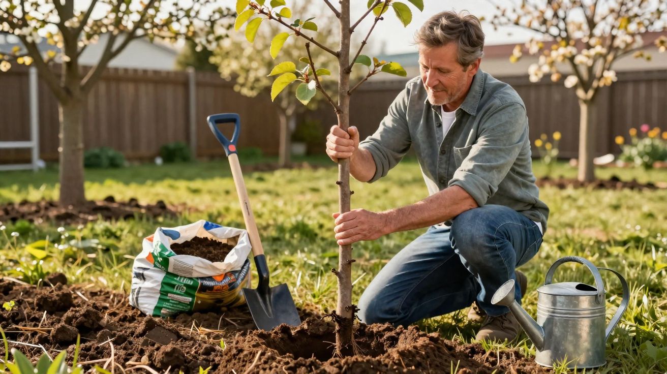 Homme plantant un jeune arbre dans un jardin, avec pelle, sac de terreau et arrosoir à côté.