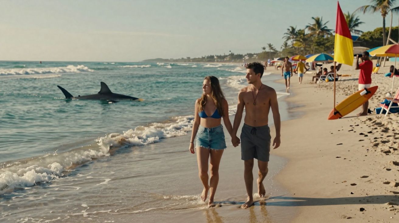 Jeune couple marchant main dans la main sur une plage avec un requin nageant près du rivage.