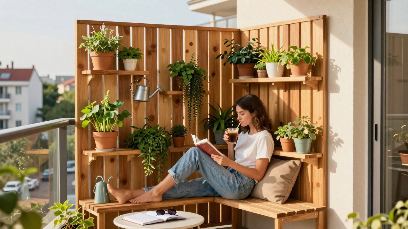 Femme assise sur un banc en bois sur un balcon, lisant un livre et buvant un café entourée de plantes vertes.