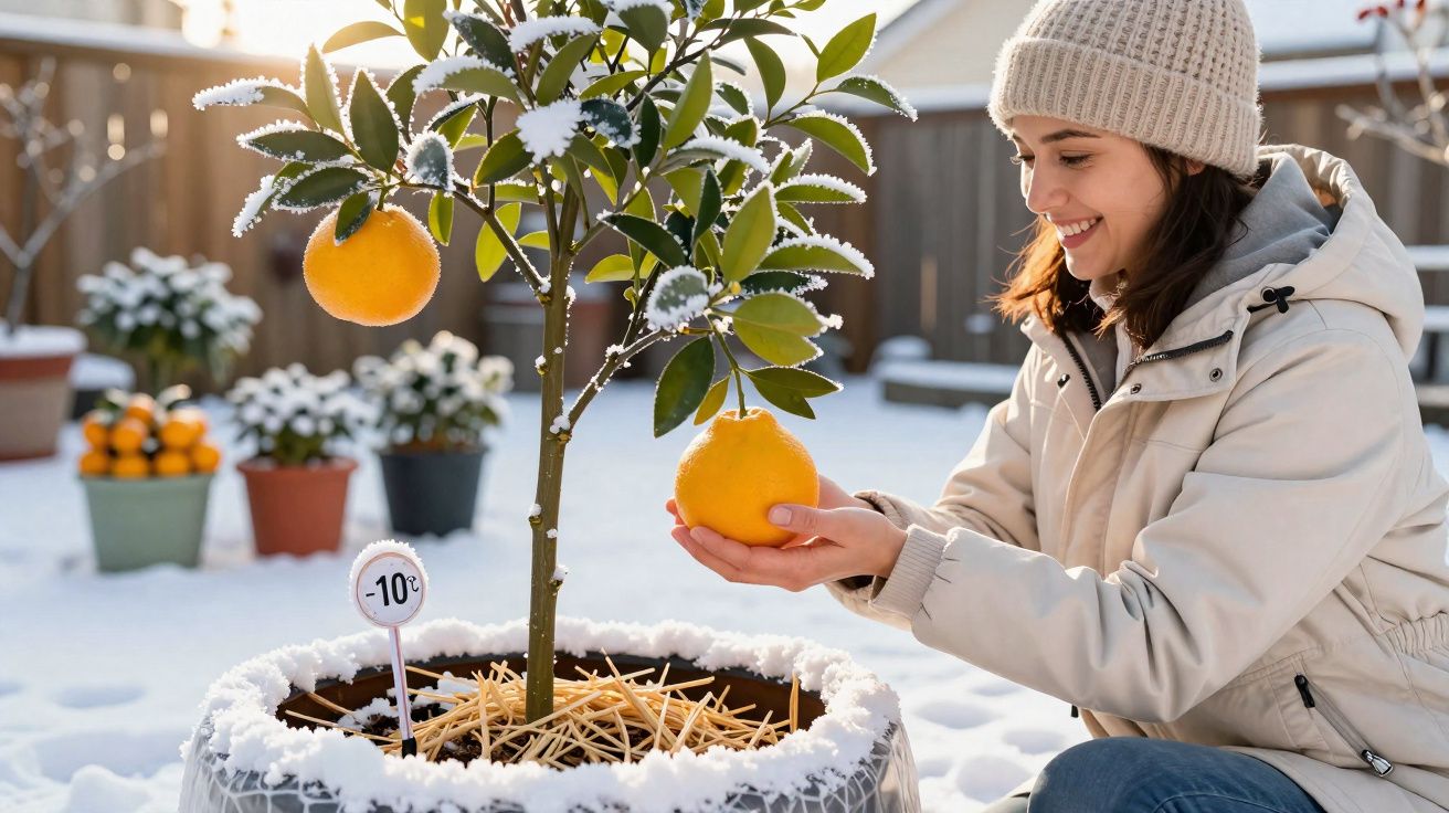 Femme souriante en tenue d'hiver cueillant une orange sur un arbre planté dans la neige à -10°C.