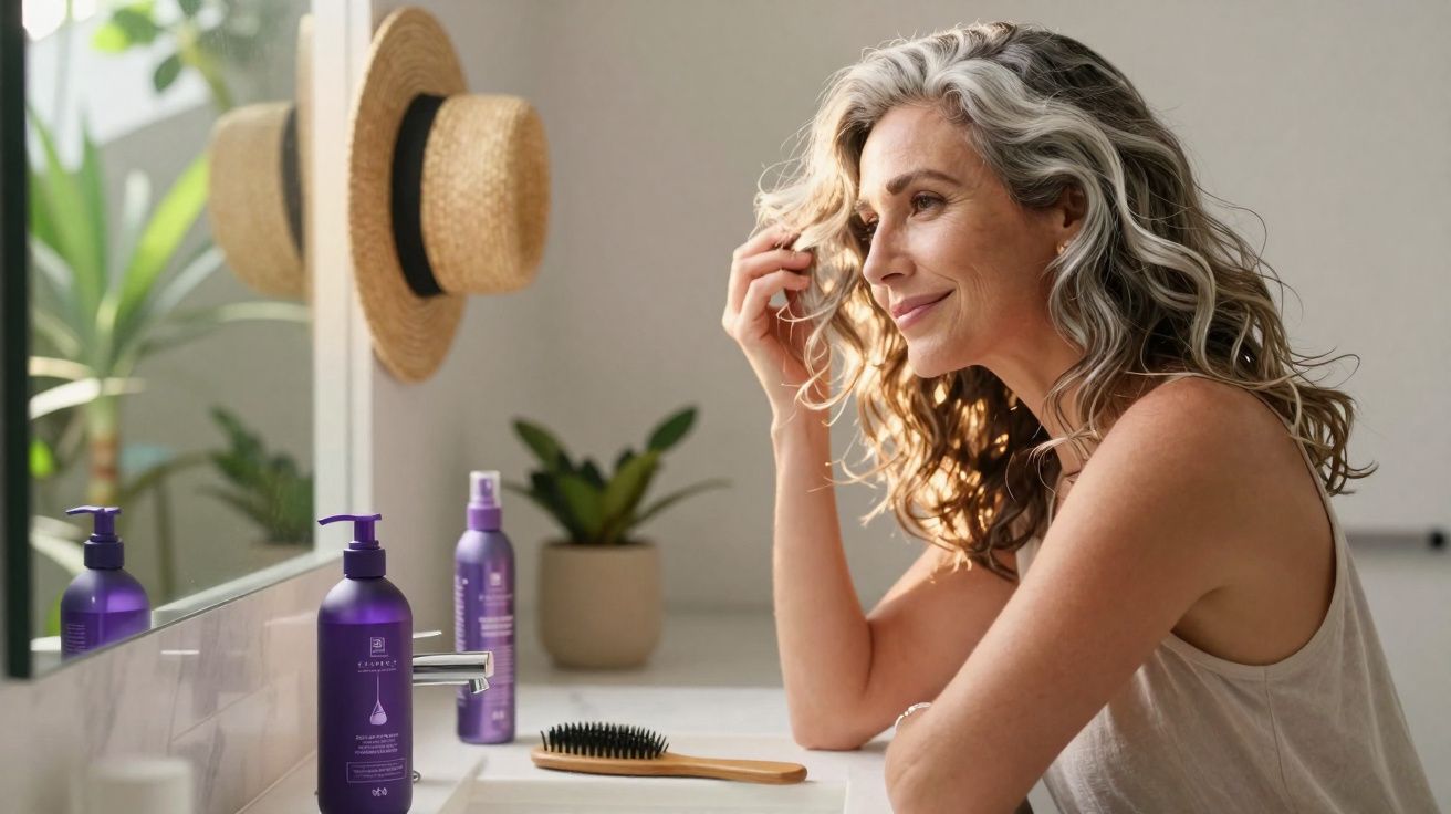 Femme souriante aux cheveux bouclés argentés assise devant un lavabo avec produits capillaires violets.