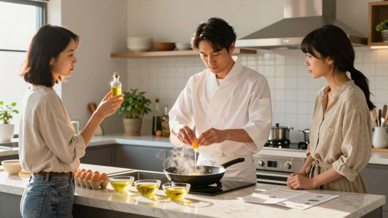 Un chef casse un œuf dans une poêle tandis que deux femmes regardent dans une cuisine moderne lumineuse.