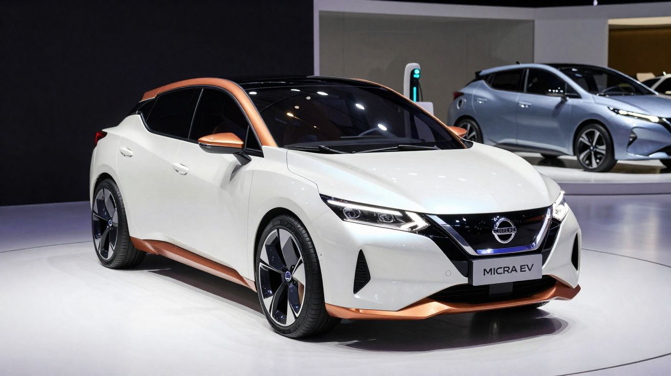 Voiture électrique Nissan Micra EV blanche avec détails cuivrés exposée en salon automobile.