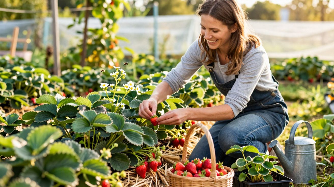 Femme souriante cueillant des fraises dans un jardin avec un arrosoir et un panier plein de fruits rouges.