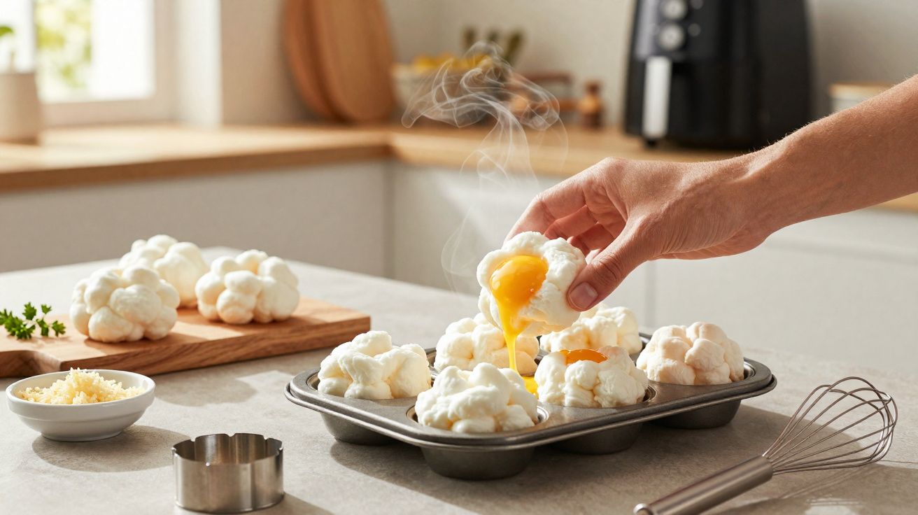 Main prenant un œuf nuage chaud dans un moule à muffins sur un plan de travail de cuisine moderne.