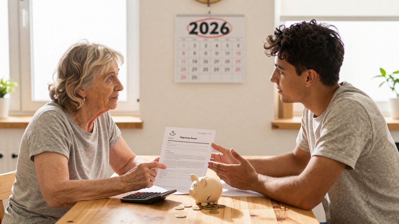 Une femme âgée et un jeune homme discutent finances autour d'une table avec tirelire et calendrier 2026.