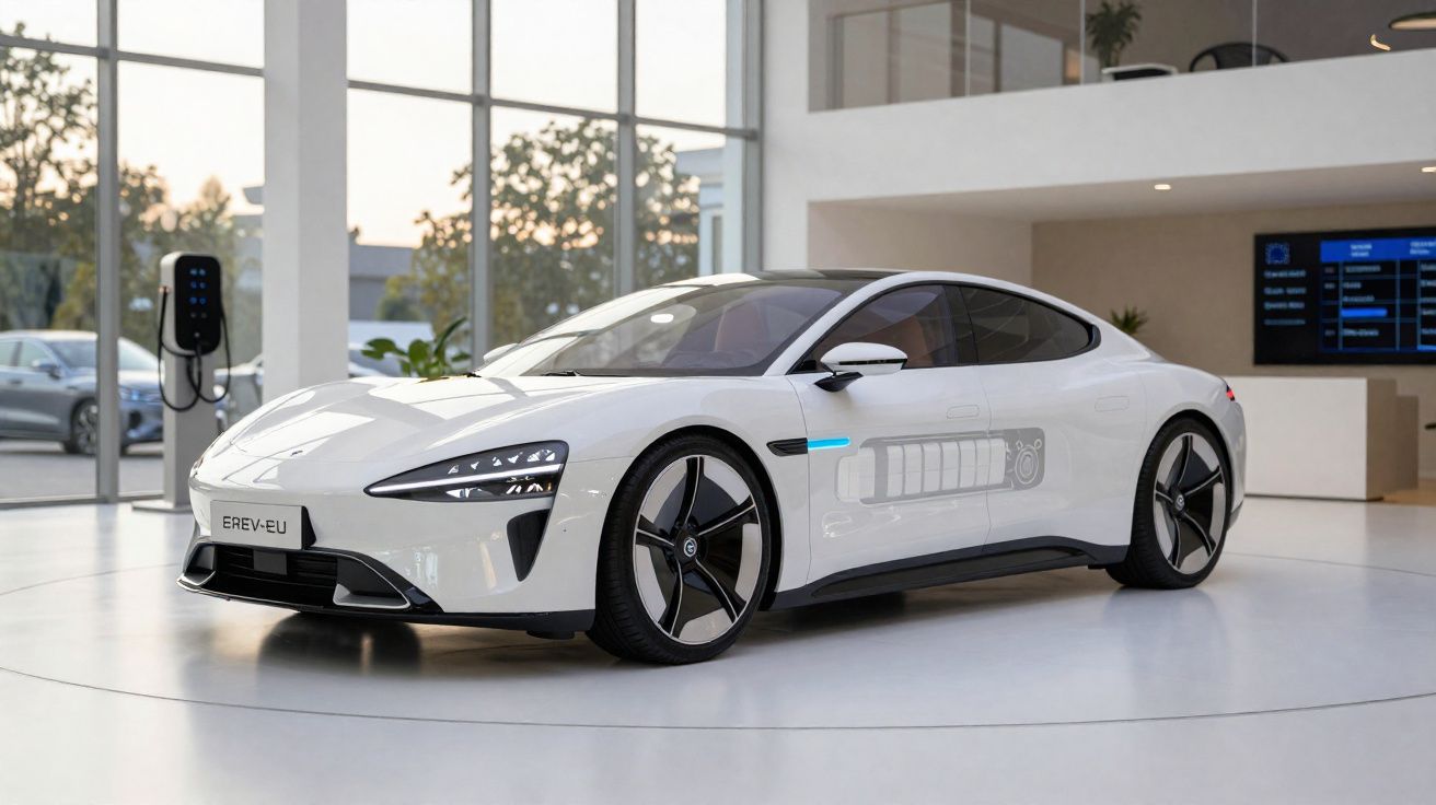 Voiture électrique blanche moderne exposée dans un showroom lumineux avec borne de recharge visible.