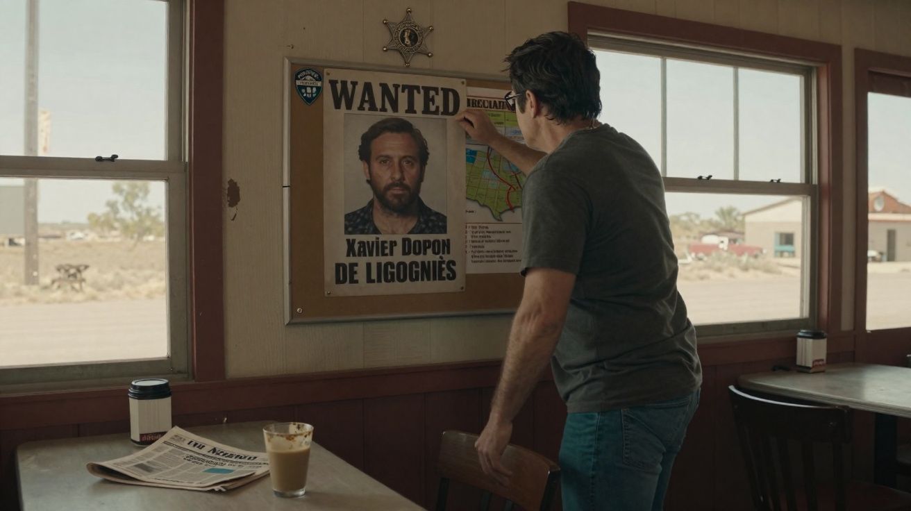 Homme accrochant une affiche "Wanted" avec le portrait de Xavier Dopon de Ligoniès dans une pièce lumineuse.