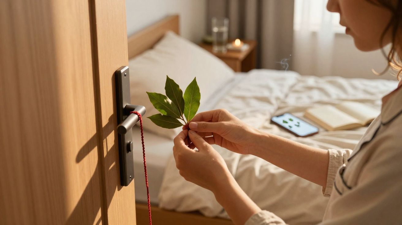 Personne tenant une branche de feuilles près de la poignée de porte dans une chambre lumineuse.