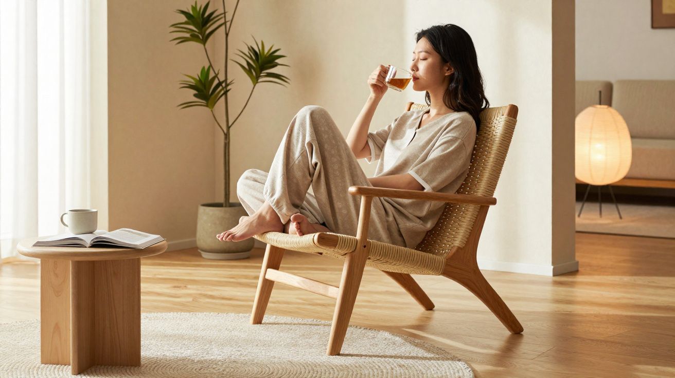 Femme assise dans un fauteuil en bois, buvant une tasse de thé dans une pièce lumineuse et minimaliste.