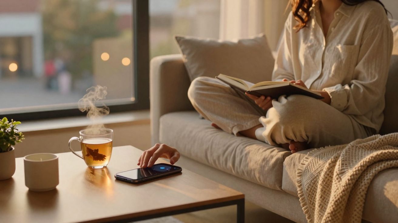 Personne en pyjama assise sur un canapé, lisant un livre et posant sa main sur un smartphone près d'une tasse de thé fumant.