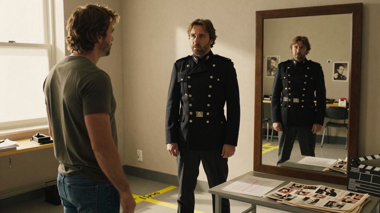 Un homme en tenue militaire se regarde dans un miroir tandis qu’un autre homme en t-shirt lui fait face.