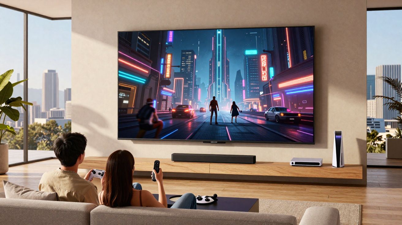 Deux personnes assises sur un canapé regardent un jeu vidéo futuriste sur un grand écran mural dans un salon moderne.