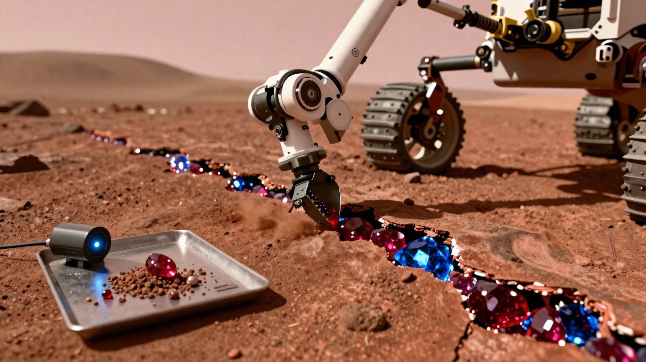 Bras robotique d'un rover récoltant des pierres précieuses rouges et bleues sur un sol martien fissuré rougeâtre.